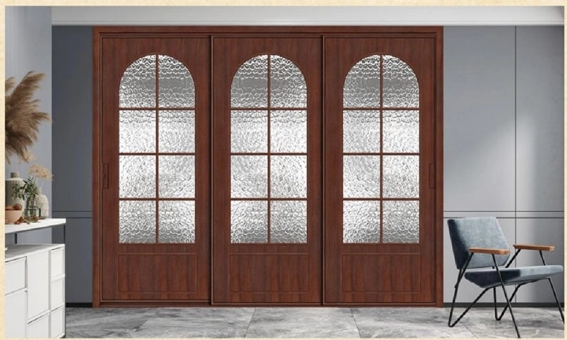 French retro door — walnut arched triple sliding door