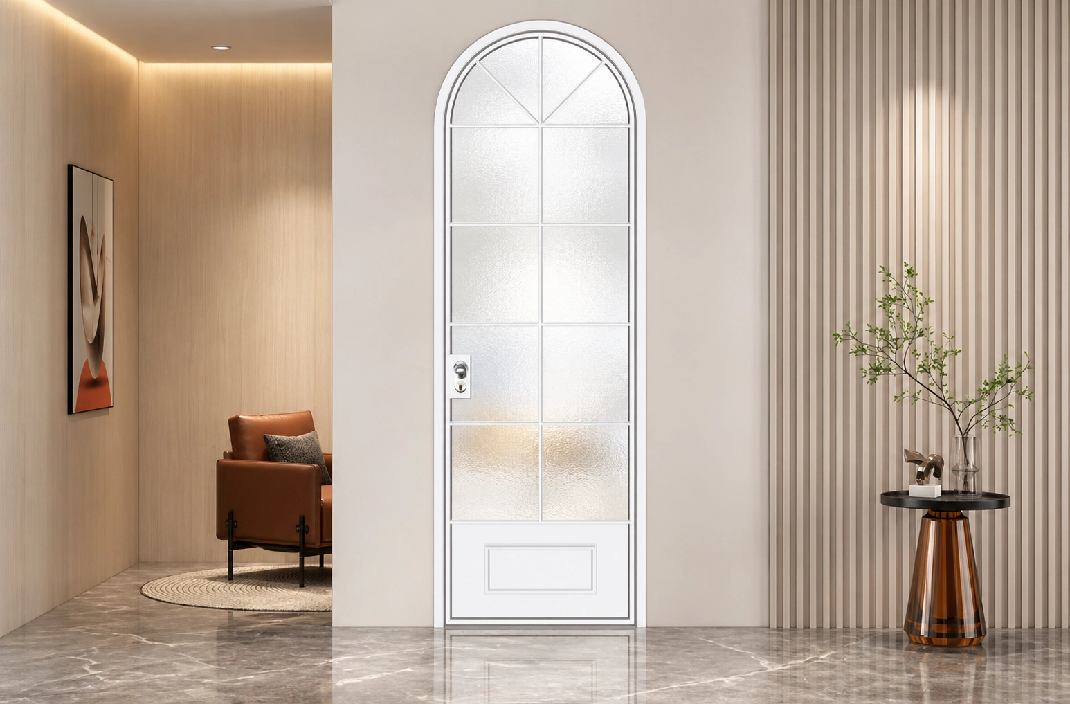 French retro door — white arched glazed single door