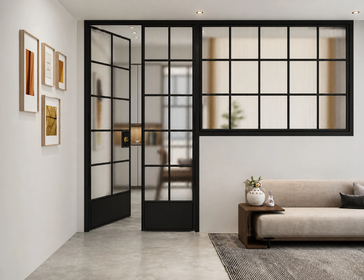 French retro door — black-framed glazed living room partition