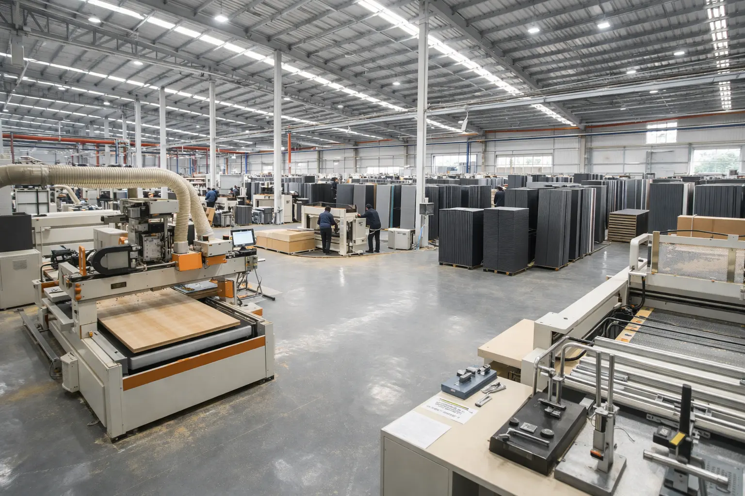 Pactwin door manufacturing factory floor in Guangzhou with CNC machines and quality inspection