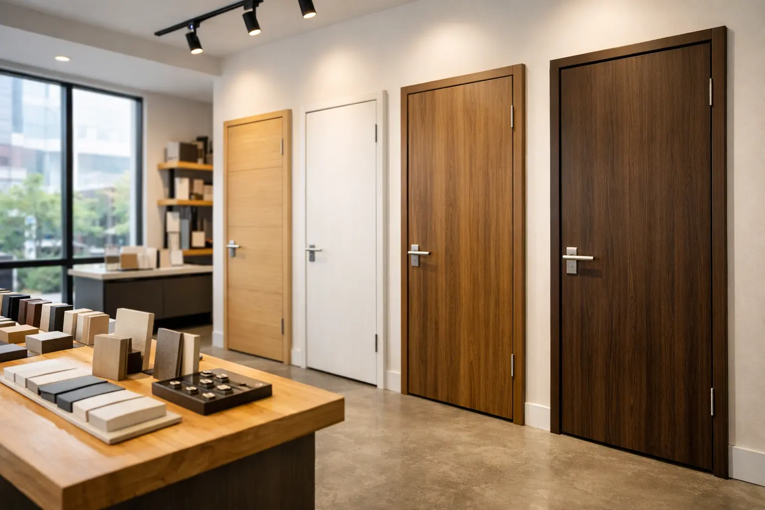 Pactwin showroom displaying interior doors with various wood grain finishes