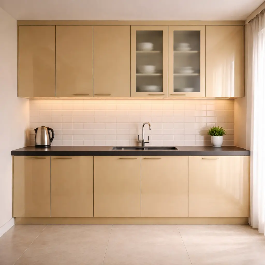 High-gloss champagne acrylic kitchen cabinets