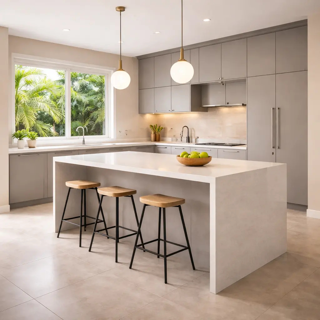 Modern villa kitchen with island and matt grey cabinets