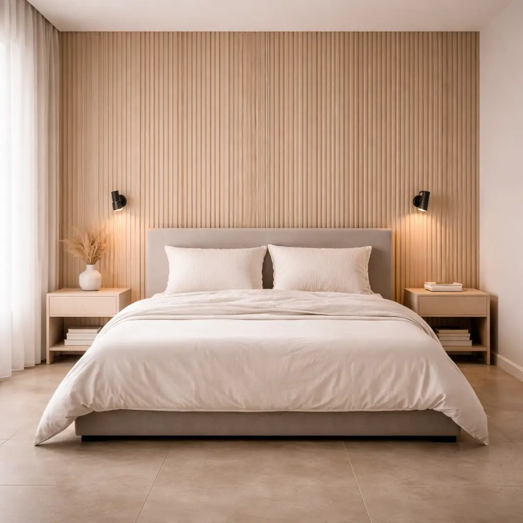 Vertical fluted ash wood veneer wall panels behind bedroom headboard
