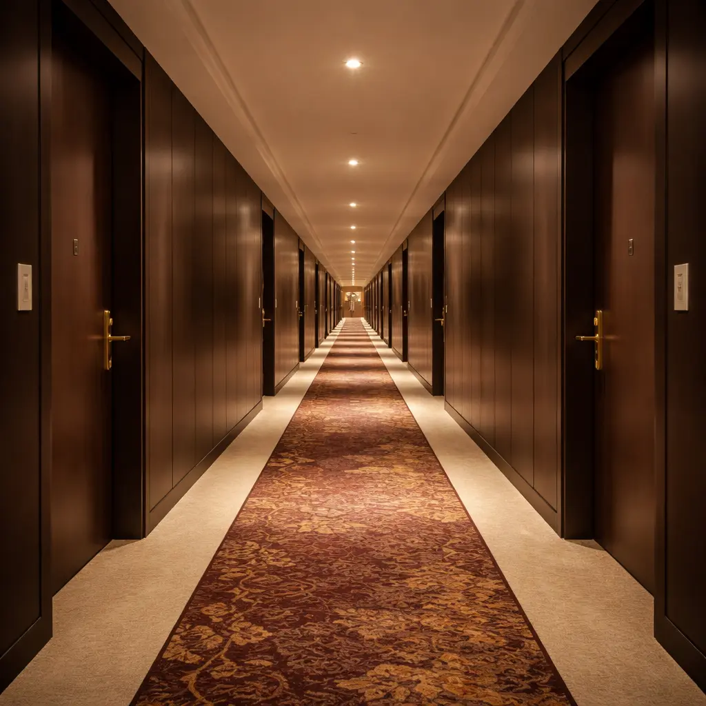 Full-height dark lacquered wall panels in an upscale hotel corridor