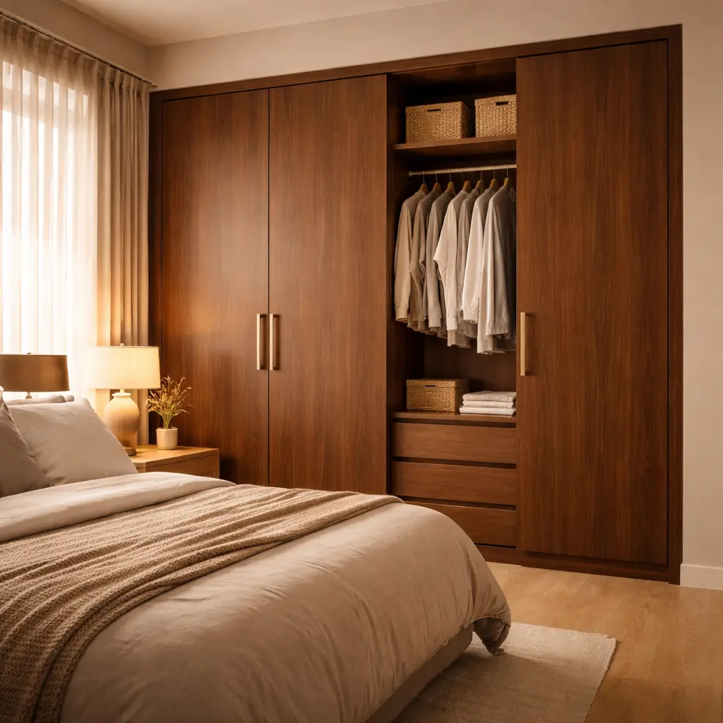 Built-in wardrobe in a modern Vietnamese master bedroom