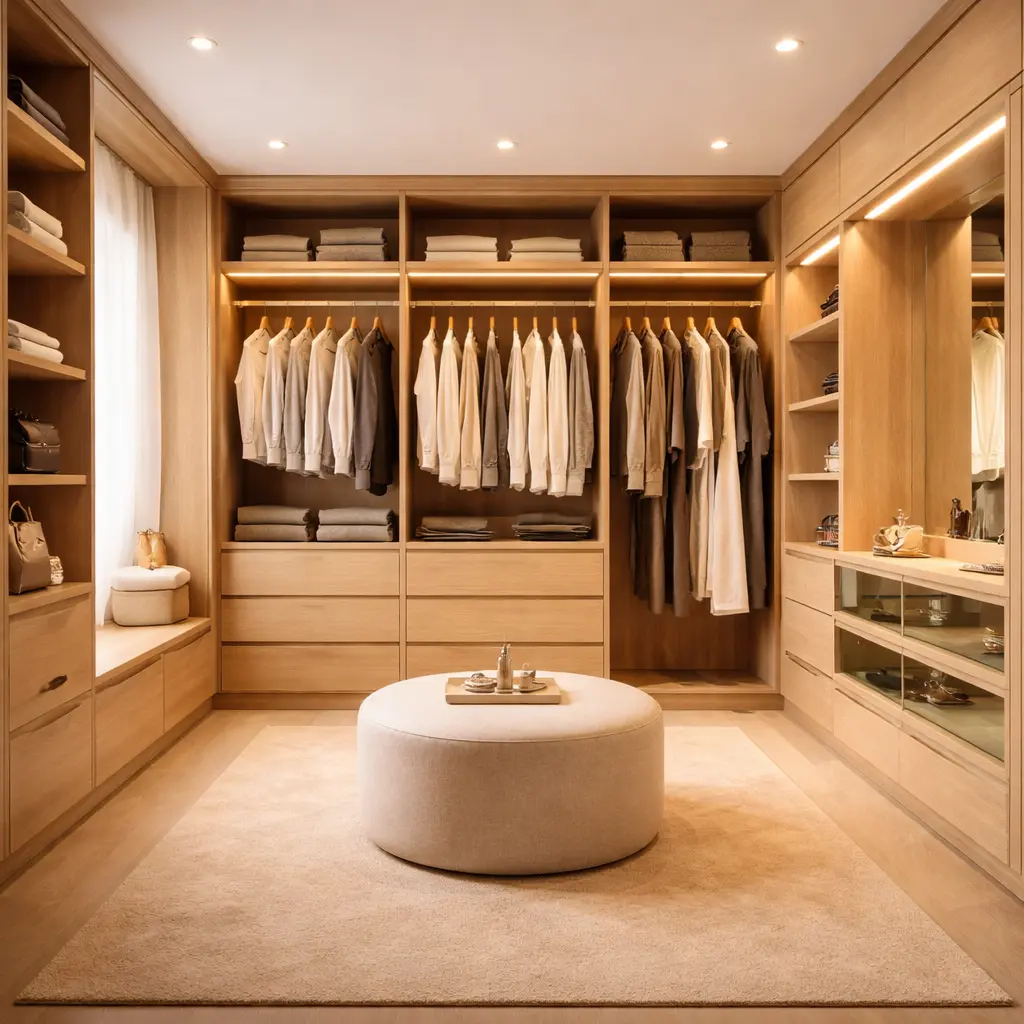Spacious walk-in closet with U-shaped wardrobe configuration