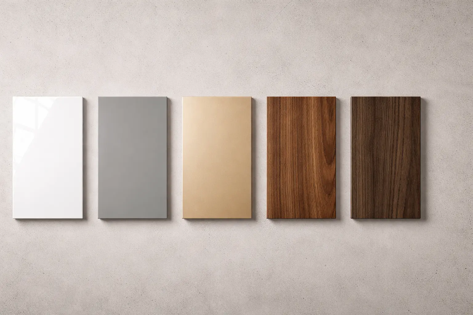 Five kitchen cabinet door finish samples — acrylic, PET film, UV lacquer, walnut veneer, dark oak