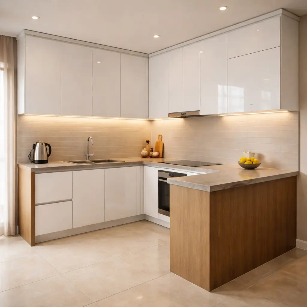 L-shaped kitchen cabinet system with high-gloss white acrylic fronts and quartz countertop
