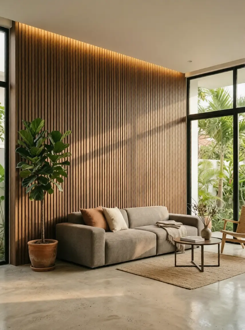 Full-height fluted walnut wall panel system in a modern Vietnamese villa living room