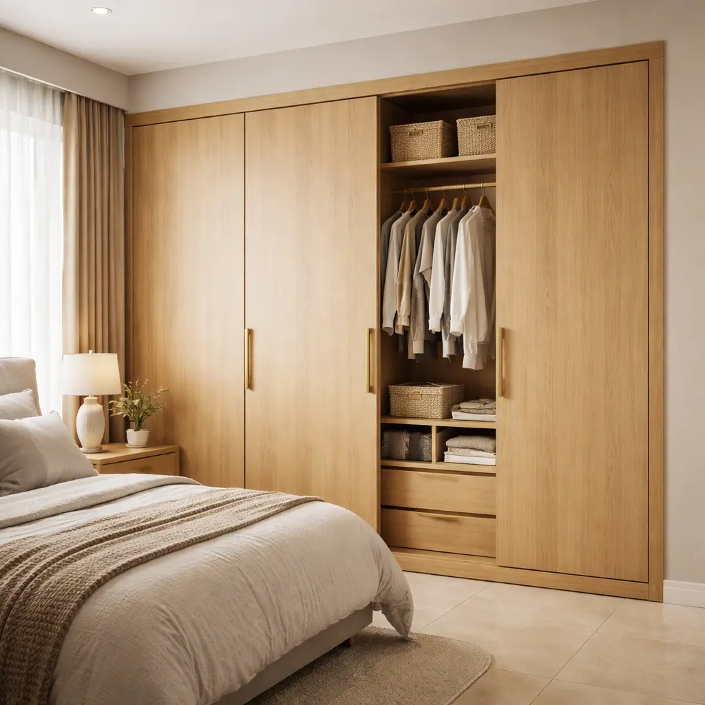 Custom floor-to-ceiling wardrobe system with light oak woodgrain sliding doors