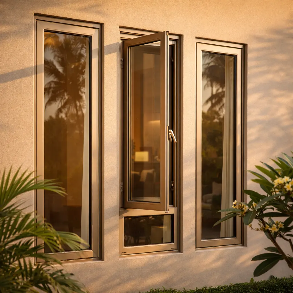Casement windows with champagne anodized frames on a Vietnamese villa
