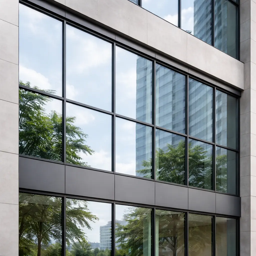 Fixed-light thermal break aluminum window panels on an office building facade