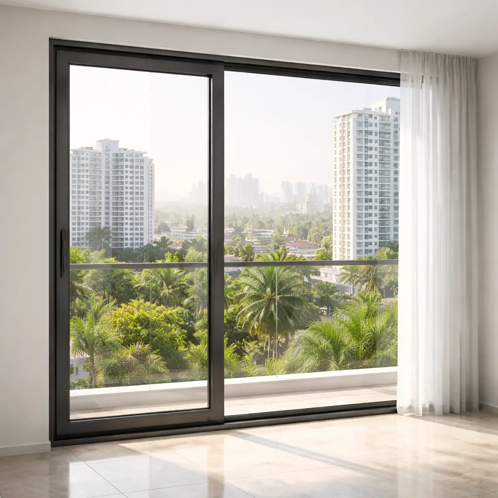 Sliding thermal break aluminum window in a Vietnamese high-rise apartment