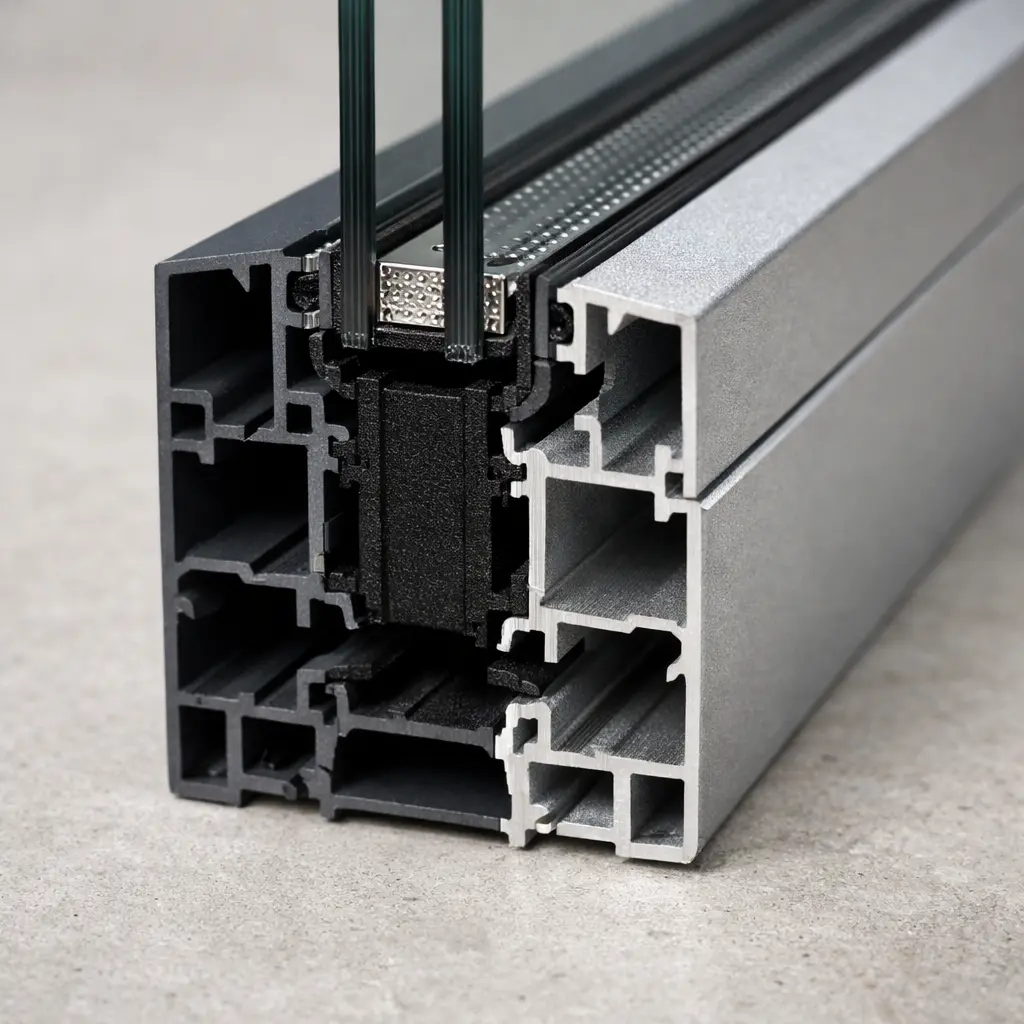 Thermal break aluminum window profile cross-section showing PA66 nylon break strip